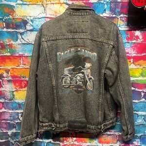 Vintage Harley Davidson Eagle Land biker denim jacket black distressed L